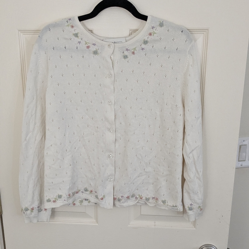 Susan Bristol Floral Embroidered White Cardigan